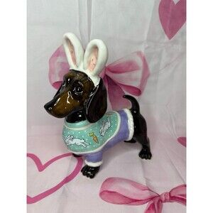 Blue Sky Ceramic Dachshund with Easter Bunny Ears & Bunny Rabbit Sweater